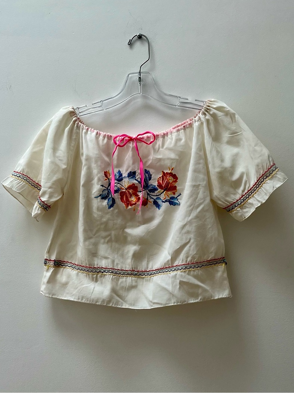 Vintage Embroidered Off-Shoulder Peasant Top in Cream with Pink Tie